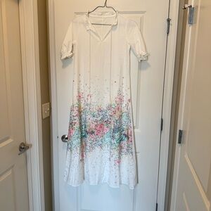 White Dress with Colorful Splatter Floral Design V Neck Short Sleeve